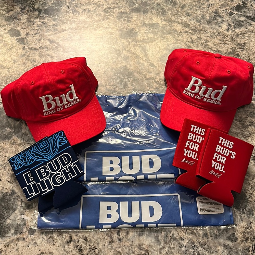 Budweiser/Bud Light Merch Set (Hats, drawstring bags, can coozies)